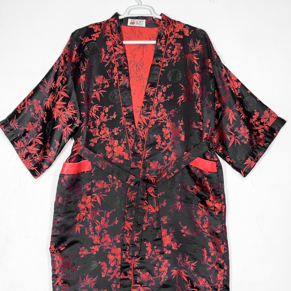Double Peach VTG Satin Kimono Robe O/S Asian Inspired Blossom Old Money